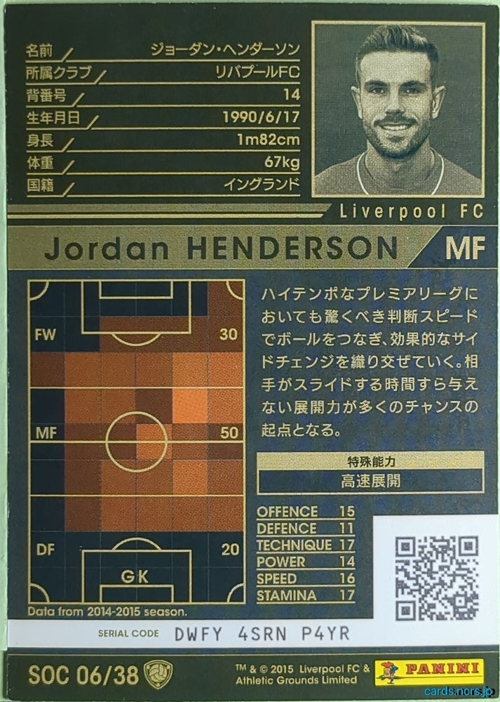 Panini WCCF Football WCCF/2014-2015-SOC06/38 N Jordan Henderson Trading Card EX
