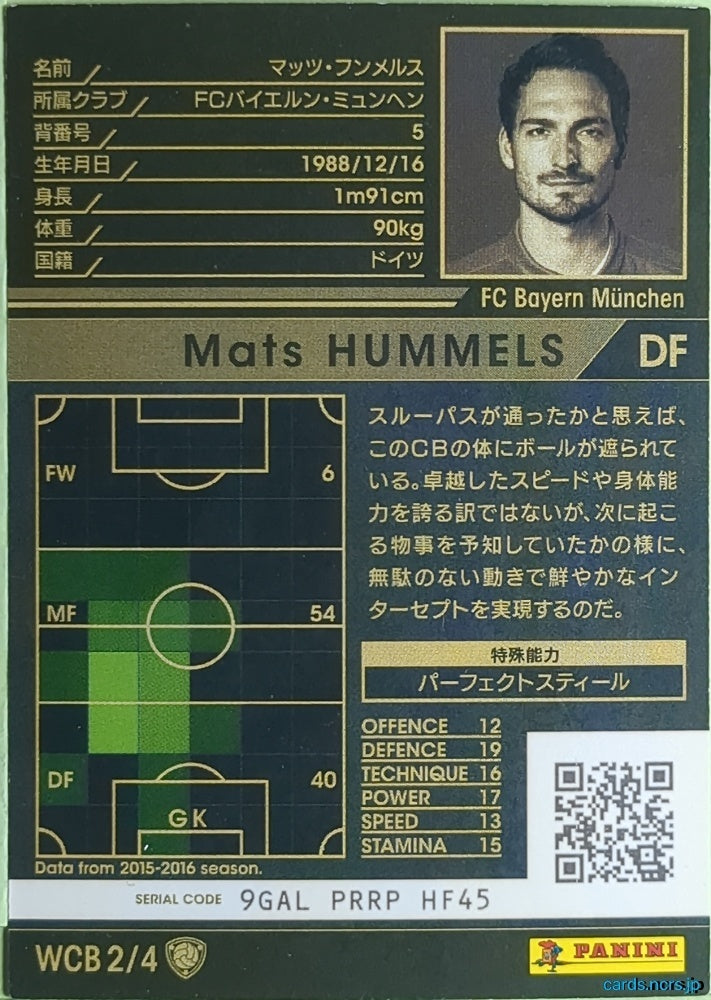 Panini WCCF Football WCCF/2015-2016-WCB2/4 N Mats Hummels Trading Card EX