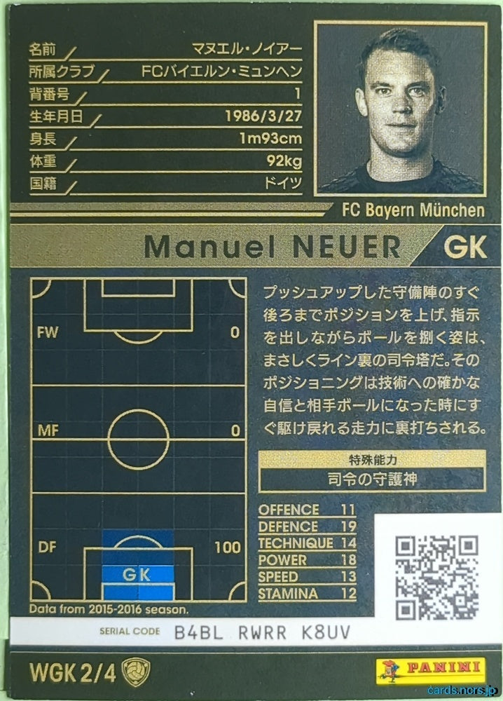 Panini WCCF Football WCCF/2015-2016-WGK2/4 N Manuel Neuer Trading Card EX