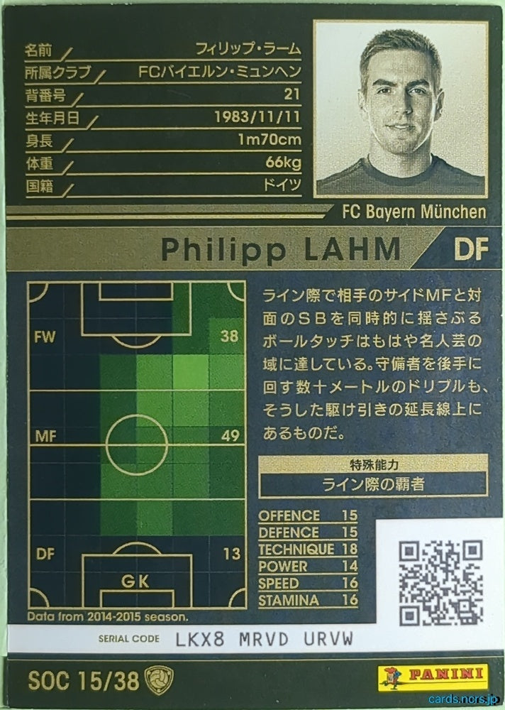 Panini WCCF Football WCCF/2014-2015-SOC15/38 N Philipp Lahm Trading Card EX