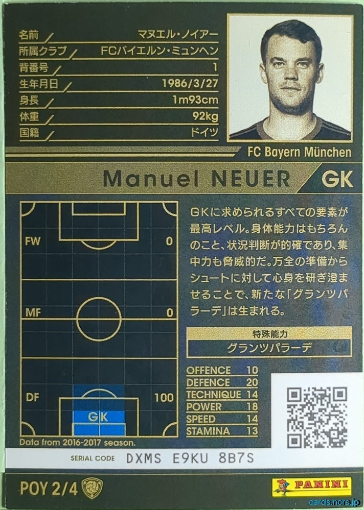 Panini WCCF Football WCCF/2016-2017-POY2/4 N Manuel Neuer Trading Card EX
