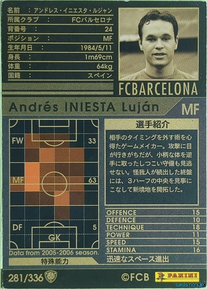 Panini WCCF Football WCCF/2005-2006-281/336 N Andrés Iniesta Luján Trading Card EX