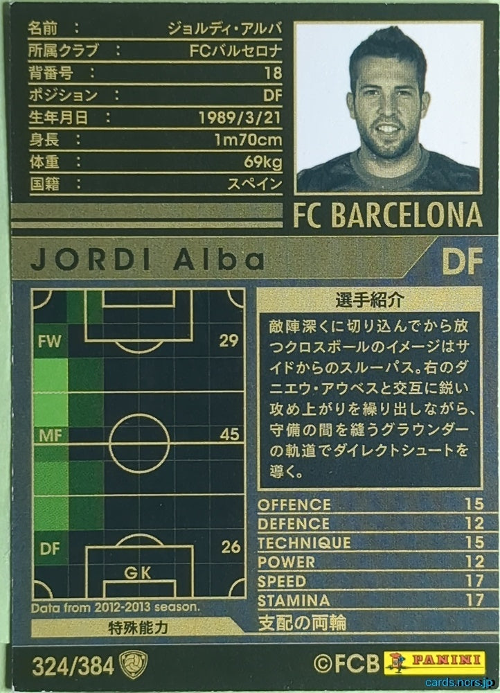 Panini WCCF Football WCCF/2012-2013-324/384 N JORDI ALBA Trading Card EX