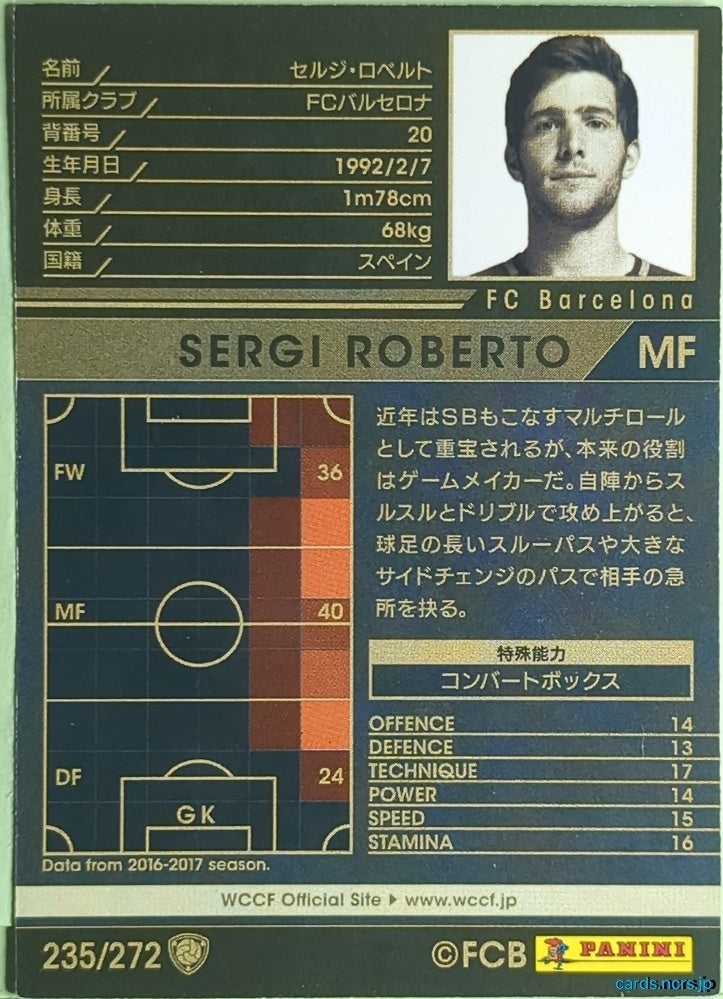 Panini WCCF Football WCCF/2016-2017-235/272 N Sergi Roberto Trading Card EX