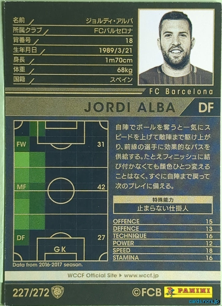 Panini WCCF Football WCCF/2017-2018-227/272 N JORDI ALBA Trading Card EX