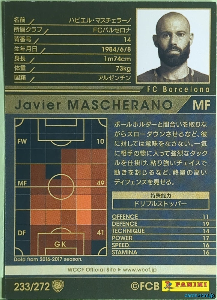 Panini WCCF Football WCCF/2017-2018-233/272 N Javier MASCHERANO Trading Card EX