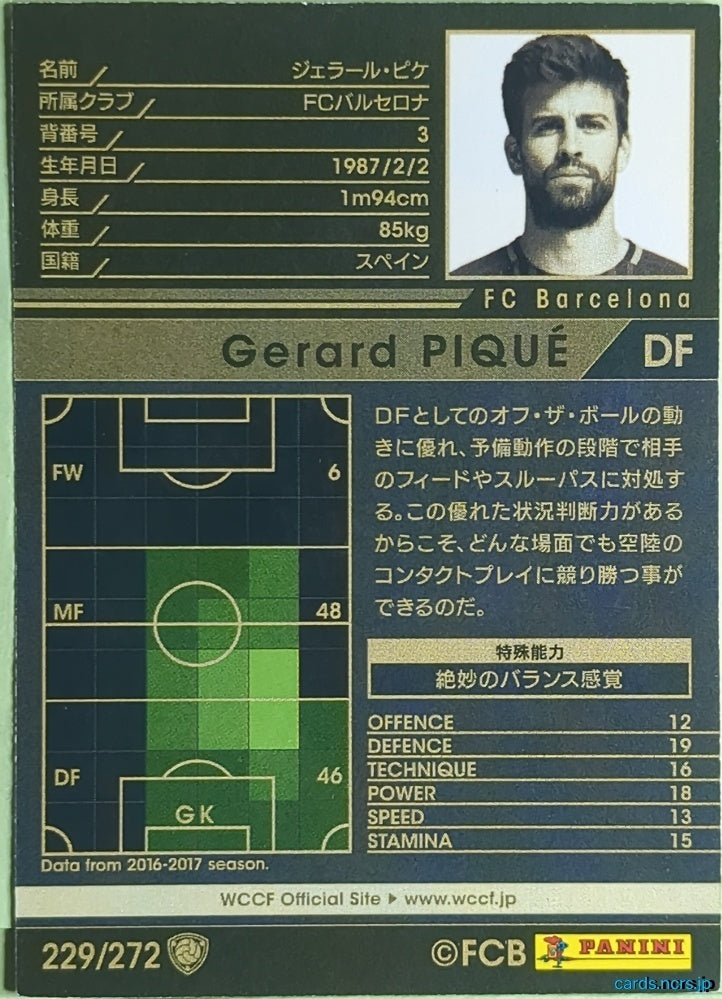 Panini WCCF Football WCCF/2016-2017-229/272 N Gerard Pique Trading Card EX