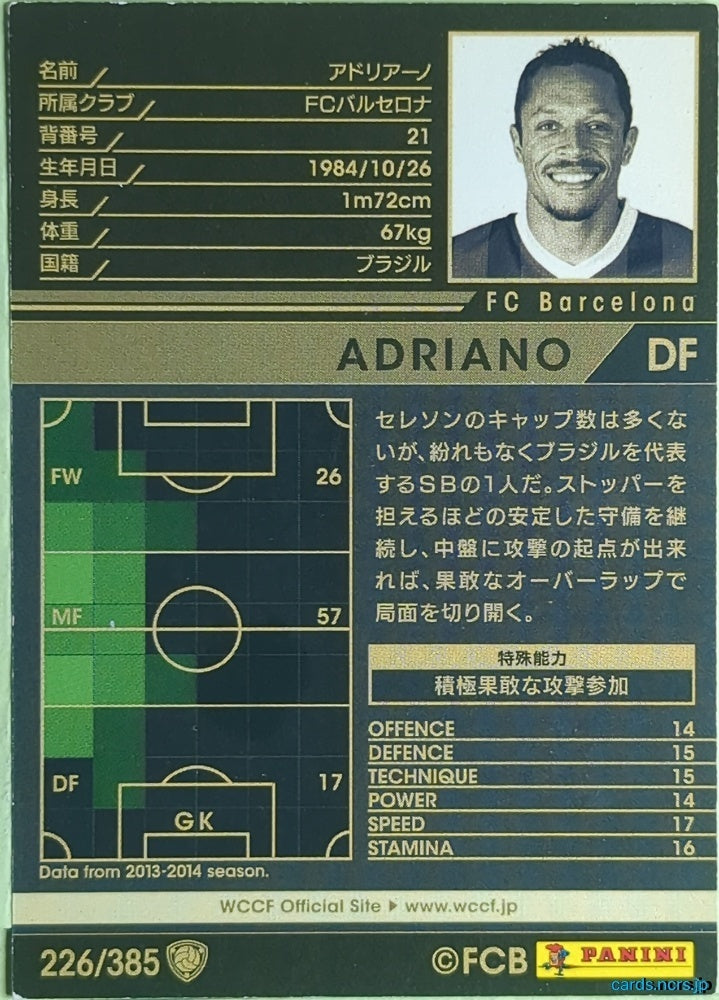 Panini WCCF Football WCCF/2013-2014-226/385 N Adriano Trading Card EX