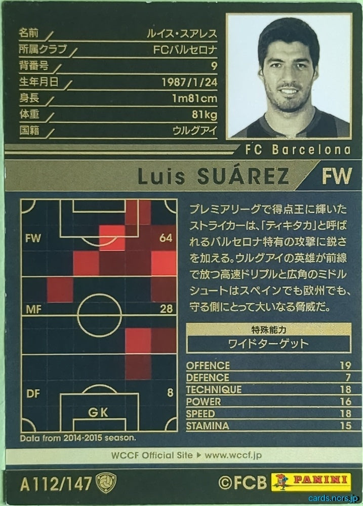 Panini WCCF Football WCCF/2014-2015-A112/147 N LUIS SUÁREZ Trading Card EX