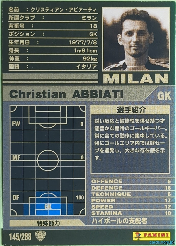Panini WCCF Football WCCF/2001-2002-145/288 N Christian Abbiati Trading Card EX