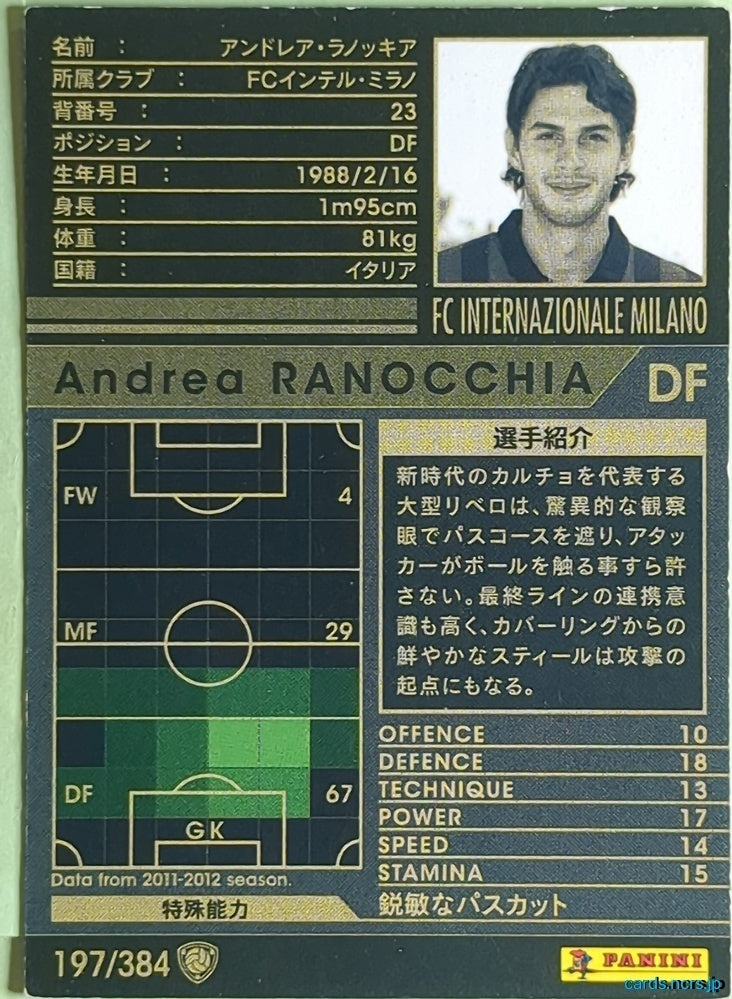 Panini WCCF Football WCCF/2011-2012-197/384 N Andrea Ranocchia Trading Card EX