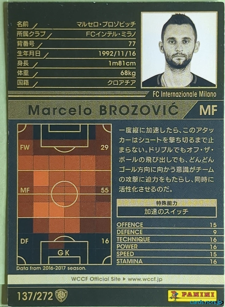 Panini WCCF Football WCCF/2017-2018-137/272 N Marcelo Brozović Trading Card EX