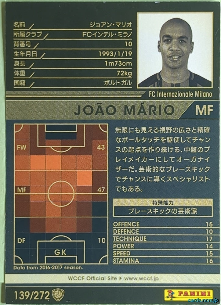 Panini WCCF Football WCCF/2017-2018-139/272 N João Mário Trading Card EX