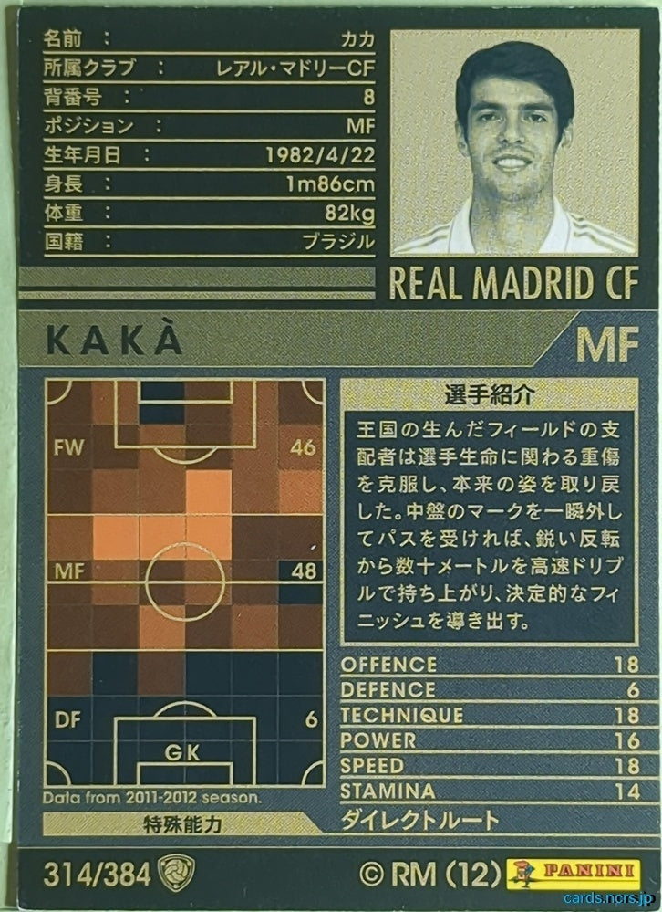 Panini WCCF Football WCCF/2011-2012-314/384 N KAKA Trading Card EX