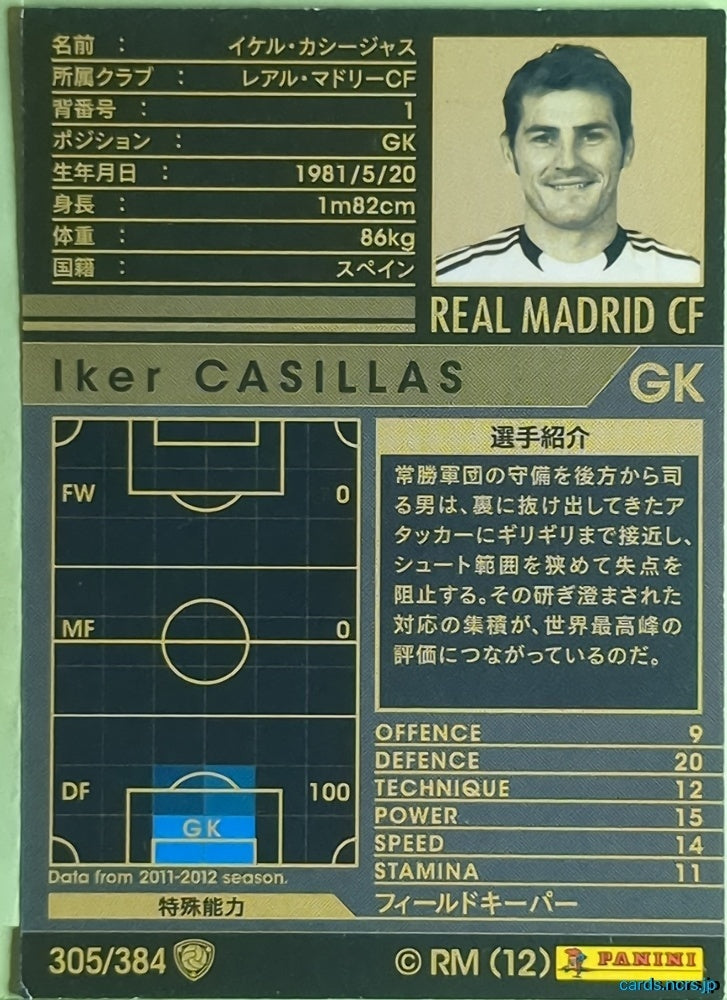Panini WCCF Football WCCF/2011-2012-305/384 N Iker Casillas Trading Card EX