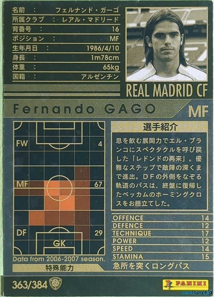 Panini WCCF Football WCCF/2006-2007-363/384 N Fernando Gago Trading Card EX