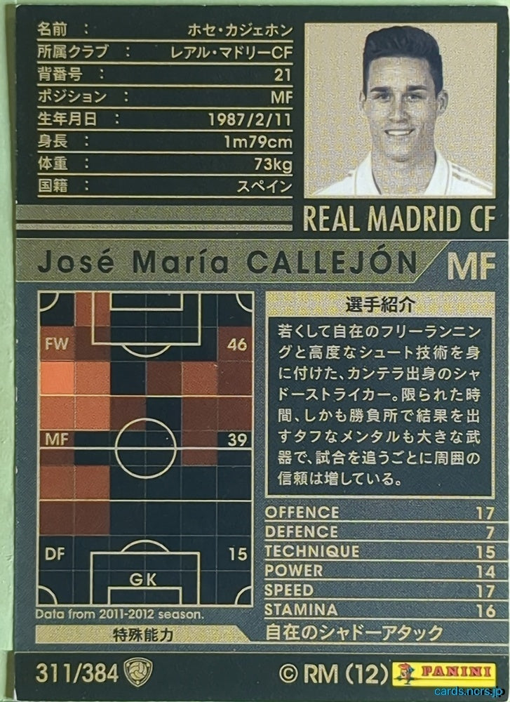 Panini WCCF Football WCCF/2011-2012-311/384 N José María Callejón Trading Card EX