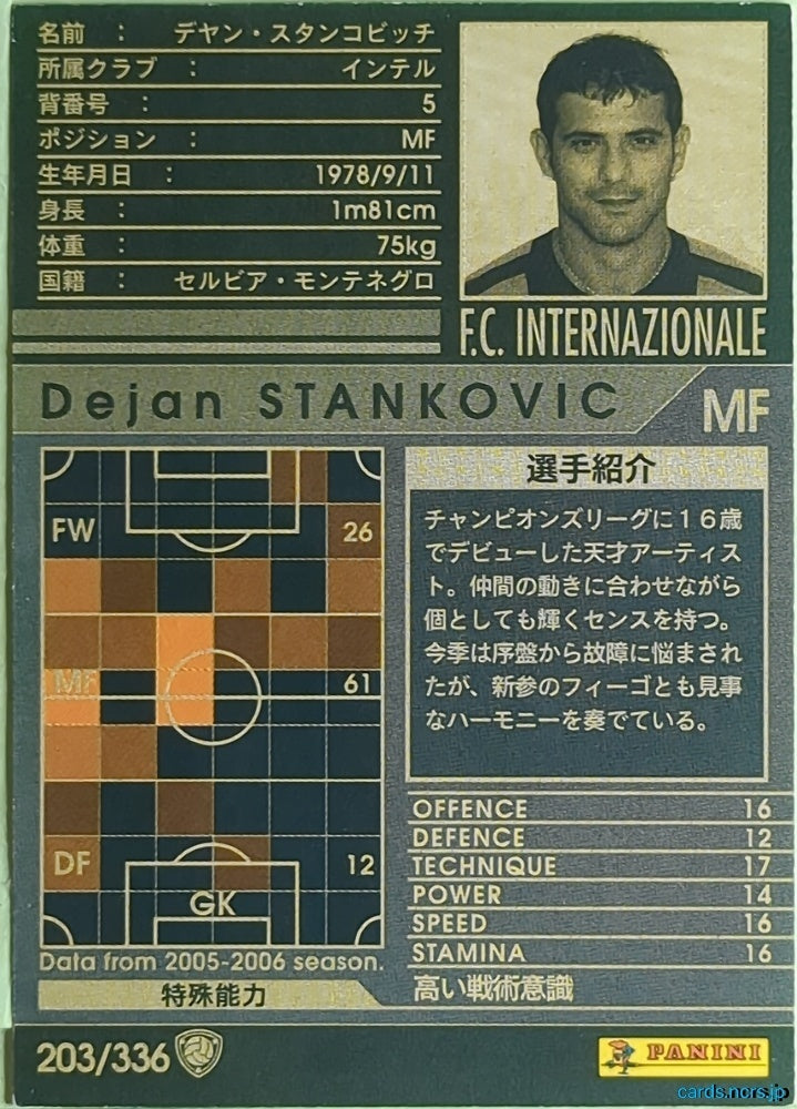 Panini WCCF Football WCCF/2005-2006-203/336 N Dejan Stankovic Trading Card EX