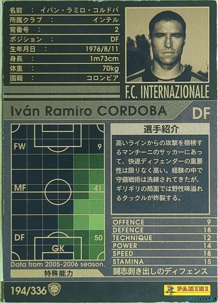 Panini WCCF Football WCCF/2005-2006-194/336 N Iván Ramiro Córdoba Trading Card EX