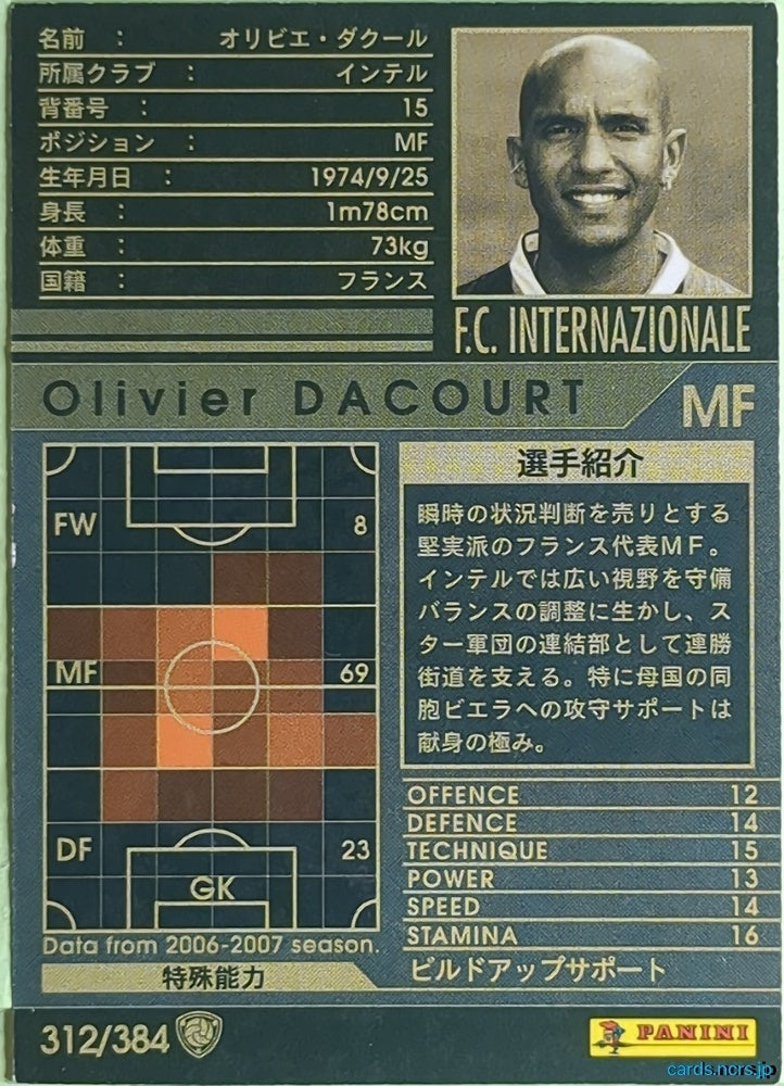 Panini WCCF Football WCCF/2006-2007-312/384 N Olivier DACOURT Trading Card NM