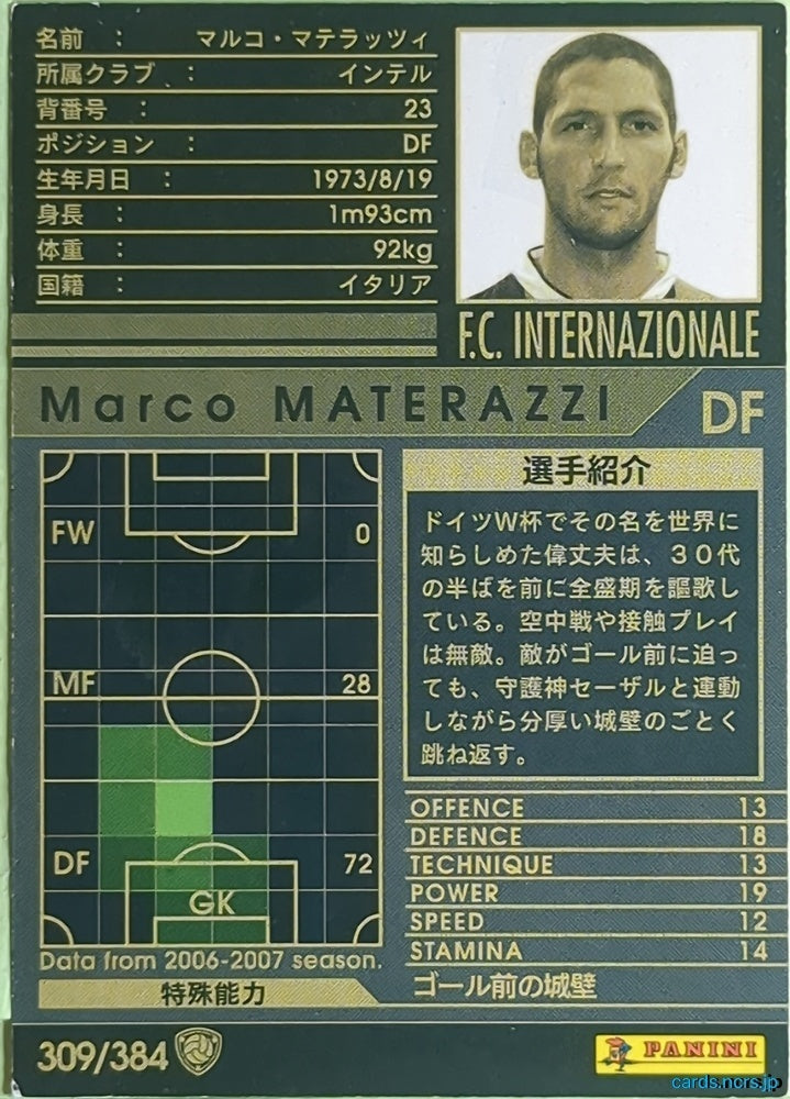 Panini WCCF Football WCCF/2006-2007-309/384 N Marco MATERAZZI Trading Card NM