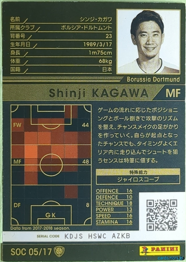 Panini WCCF Football WCCF/2017-2018-SOC0517 N Shinji Kagawa Trading Card EX