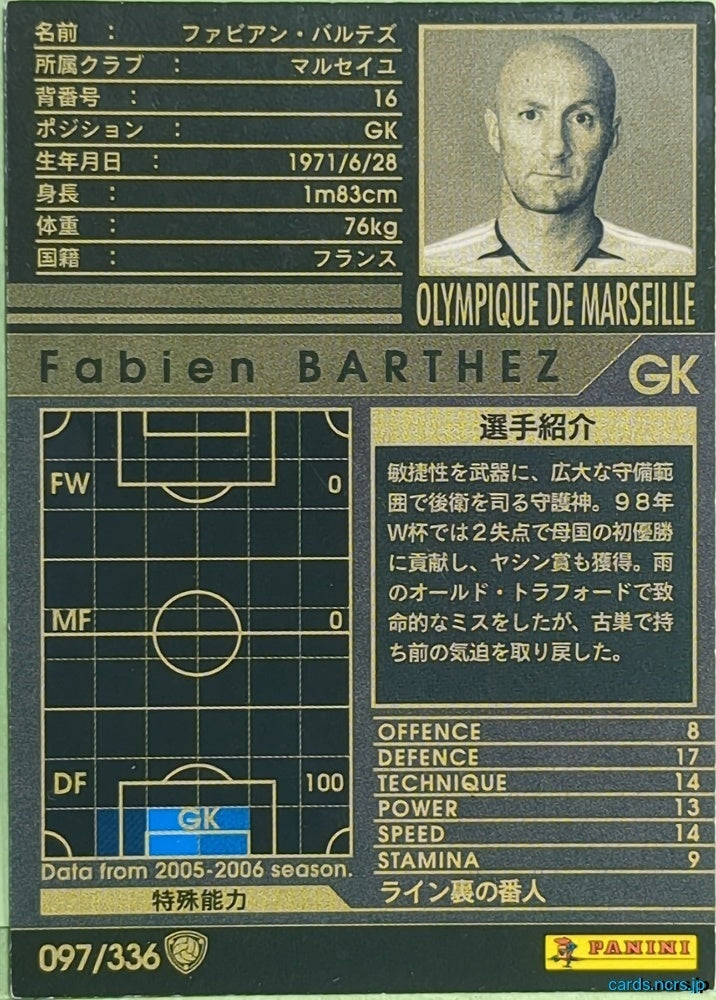 Panini WCCF Football WCCF/2005-2006-097/336 N Fabien Barthez Trading Card EX