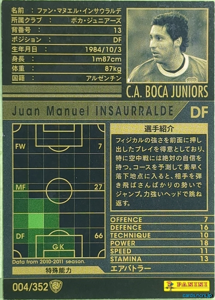 Panini WCCF Football WCCF/2010-2011-004/352 N Juan Manuel Insaurralde Trading Card EX
