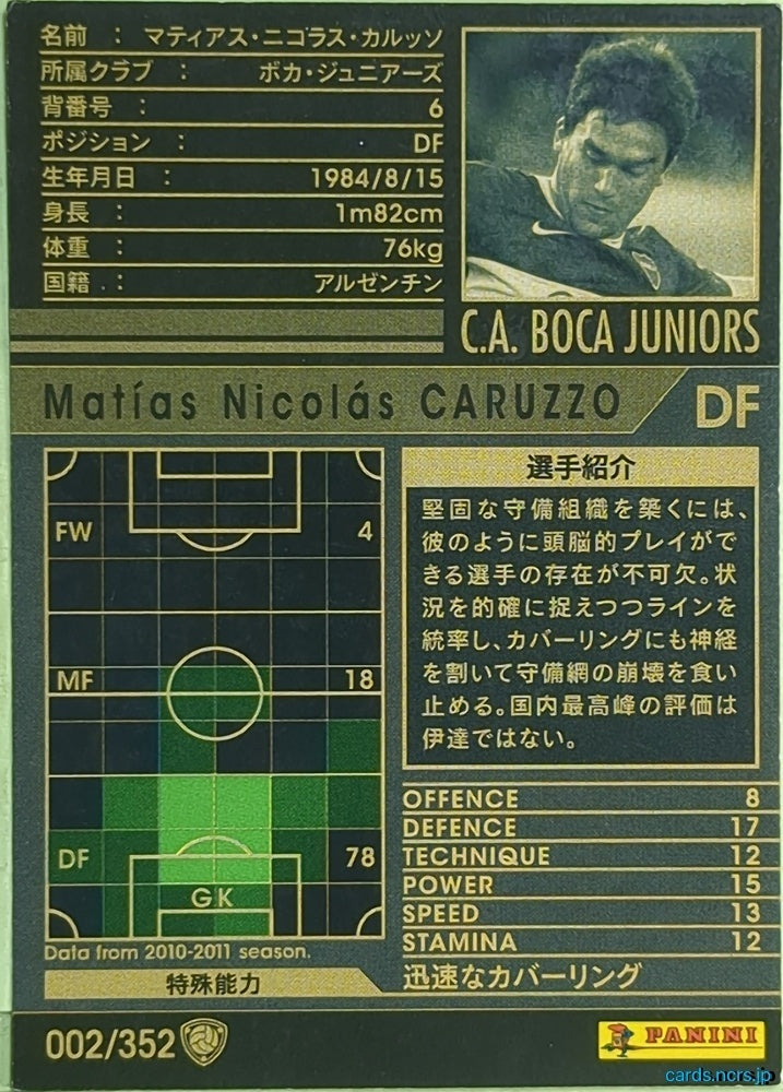 Panini WCCF Football WCCF/2010-2011-002/352 N Matías Nicolás CARUZZO Trading Card EX