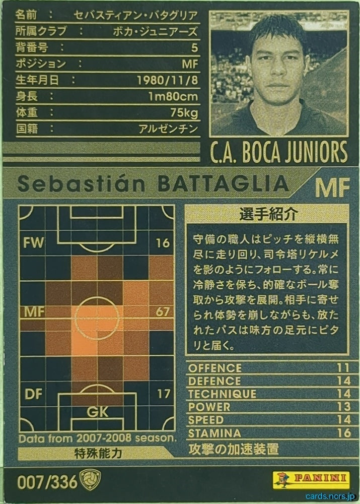 Panini WCCF Football WCCF/2007-2008-007/336 N Sebastian BATTAGLIA Trading Card EX