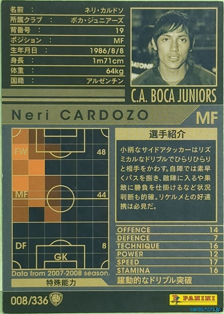 Panini WCCF Football WCCF/2007-2008-008/336 N Neri Cardozo Trading Card EX