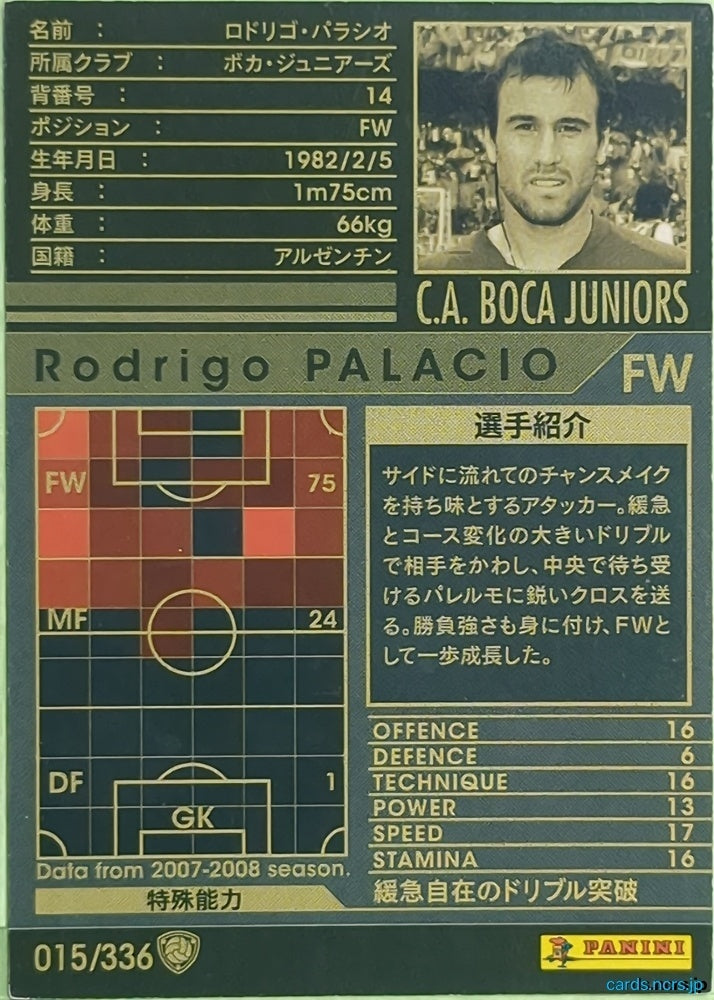 Panini WCCF Football WCCF/2007-2008-015/336 N Rodrigo PALACIO Trading Card EX