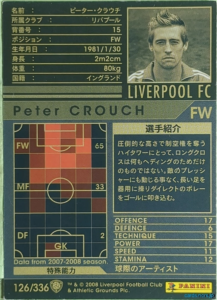 Panini WCCF Football WCCF/2007-2008-126/336 N Peter Crouch Trading Card EX