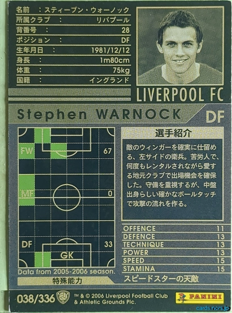 Panini WCCF Football WCCF/2005-2006-038/336 N Stephen Warnock Trading Card EX