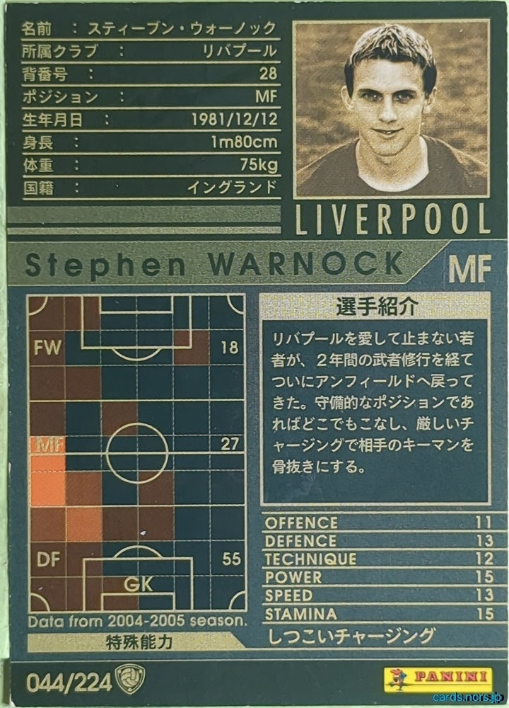 Panini WCCF Football WCCF/2004-2005-044/224 N Stephen Warnock Trading Card EX