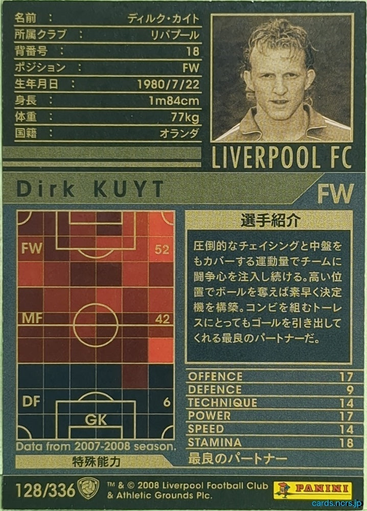 Panini WCCF Football WCCF/2007-2008-128/336 N Dirk Kuyt Trading Card EX
