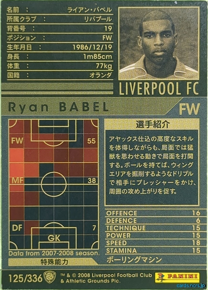 Panini WCCF Football WCCF/2007-2008-125/336 N Ryan Babel Trading Card EX
