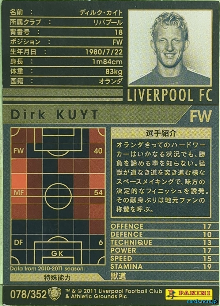 Panini WCCF Football WCCF/2010-2011-078/352 N Dirk Kuyt Trading Card EX