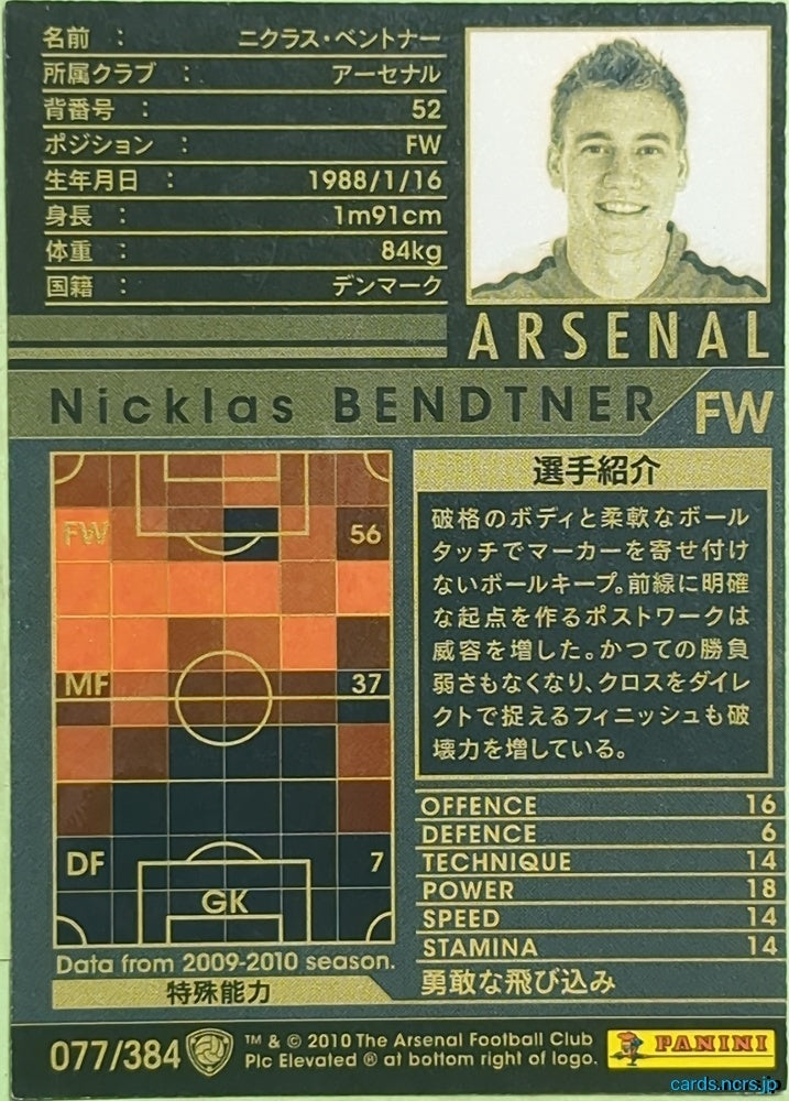 Panini WCCF Football WCCF/2009-2010-077/384 N Nicklas Bendtner Trading Card EX