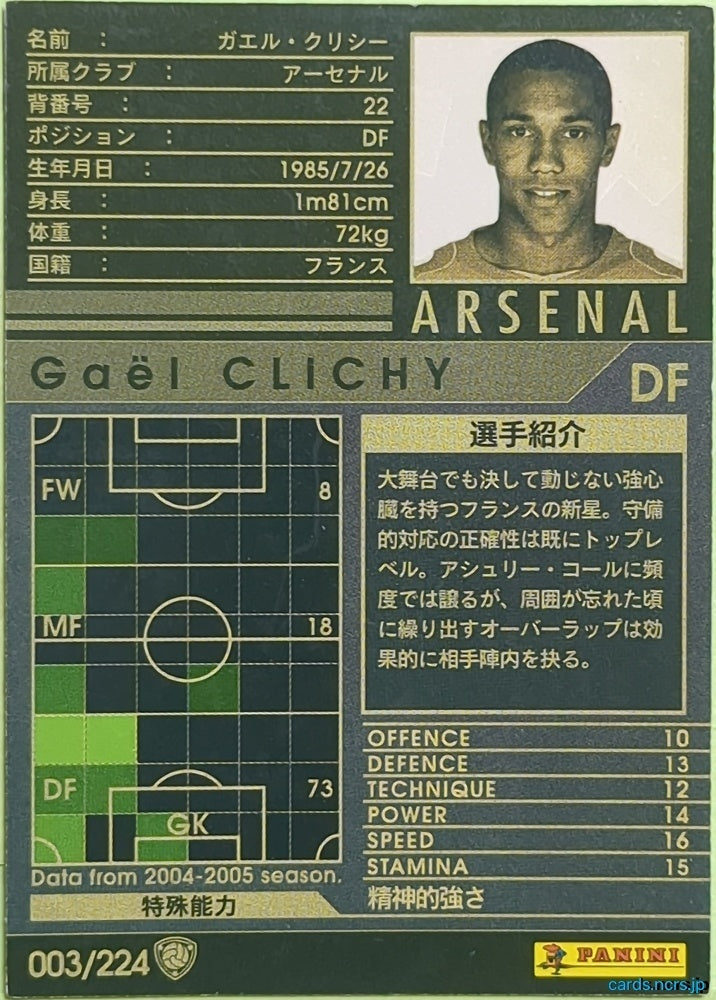Panini WCCF Football WCCF/2004-2005-003/224 N Gaël Clichy Trading Card EX
