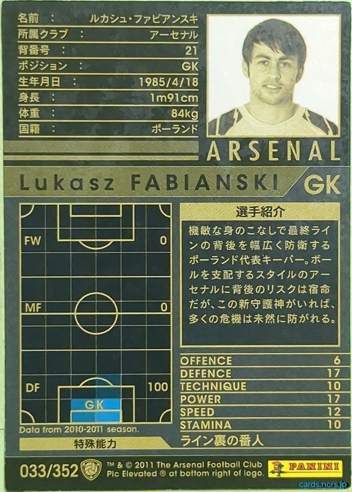 Panini WCCF Football WCCF/2010-2011-033/352 N Lukasz FABIANSKI Trading Card EX