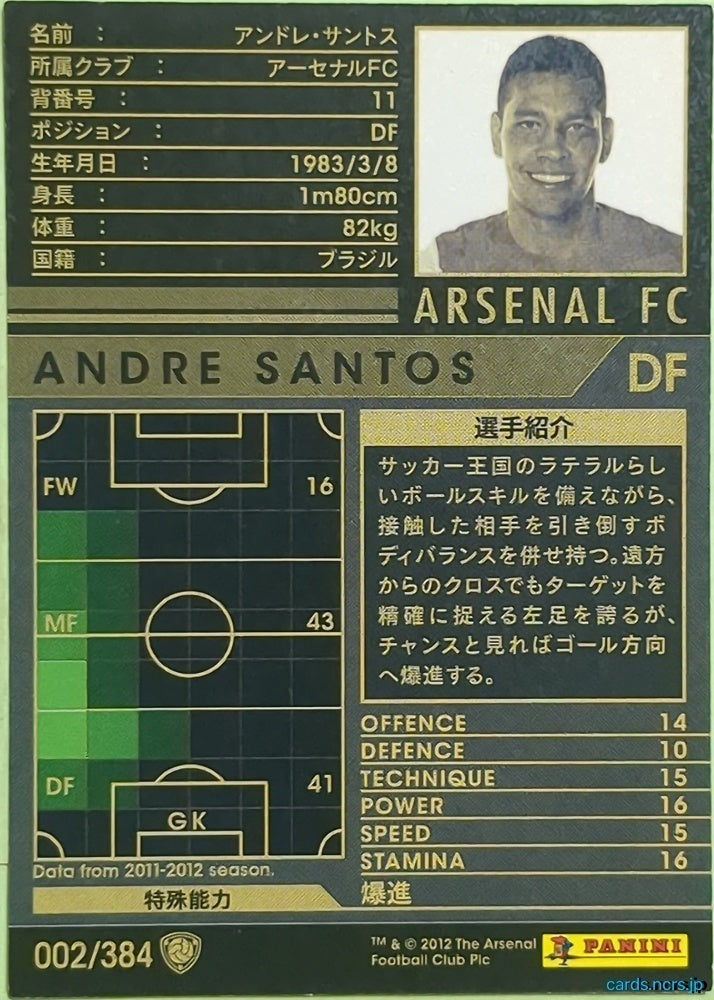 Panini WCCF Football WCCF/2011-2012-002/384 N Andre Santos Trading Card EX