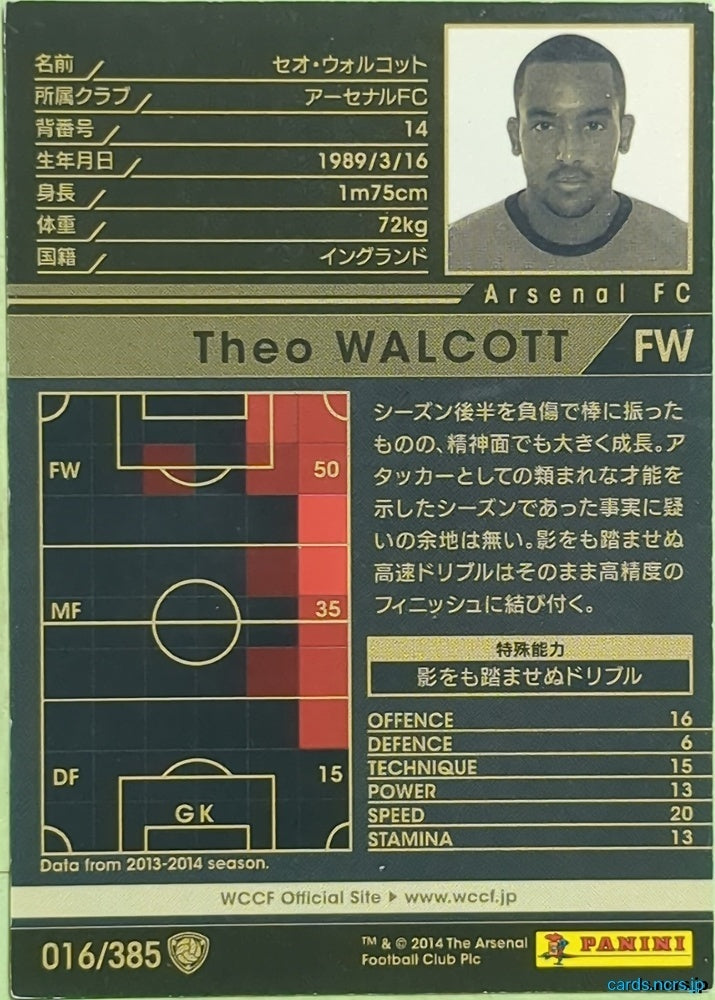 Panini WCCF Football WCCF/2013-2014-016/385 N Theo Walcott Trading Card EX