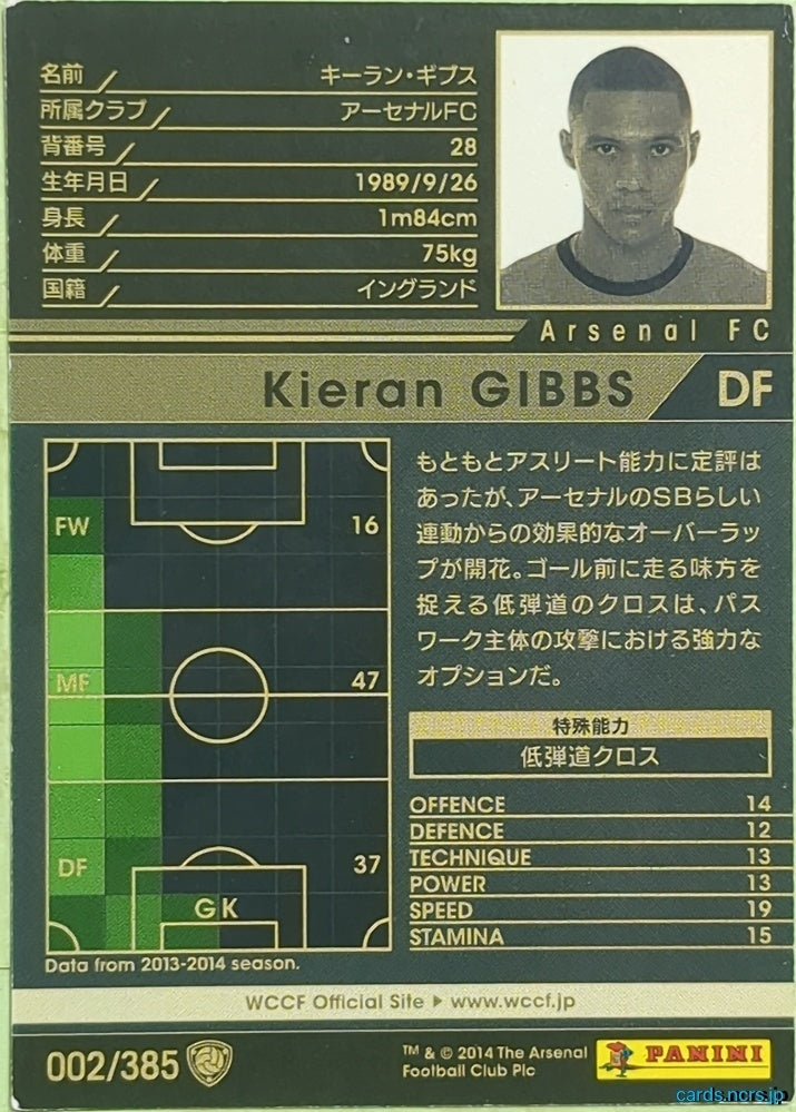 Panini WCCF Football WCCF/2013-2014-002/385 N Kieran Gibbs Trading Card EX