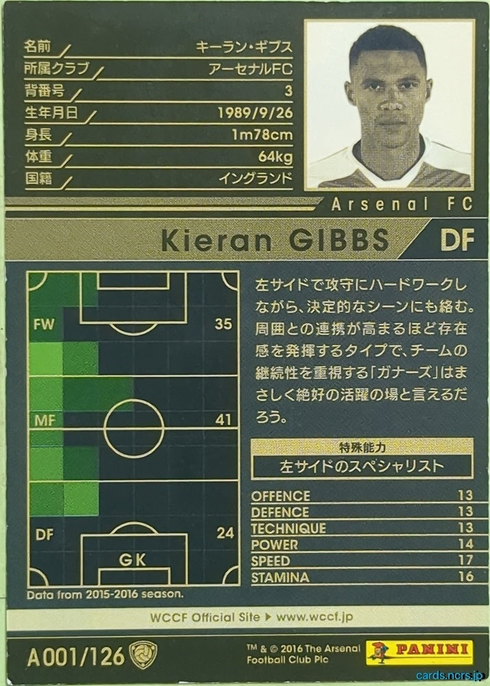 Panini WCCF Football WCCF/2016-2017-A001/126 N Kieran Gibbs Trading Card EX