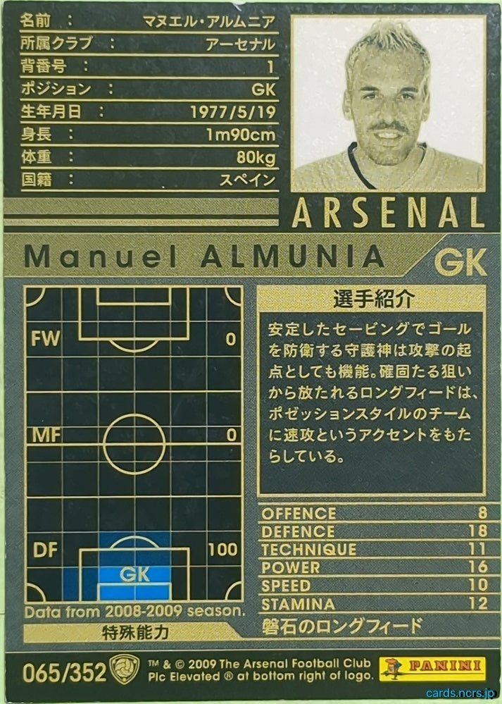 Panini WCCF Football WCCF/2008-2009-065/352 N Manuel Almunia Trading Card EX