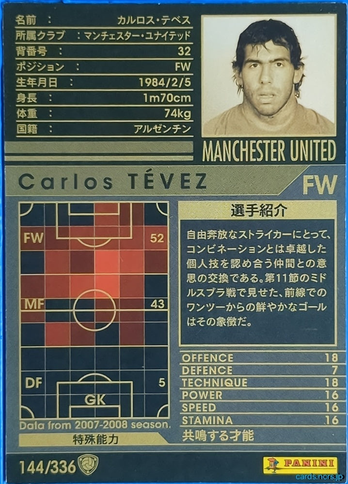 Panini WCCF Football WCCF/2007-2008-144/336 N Carlos Tevez Trading Card EX