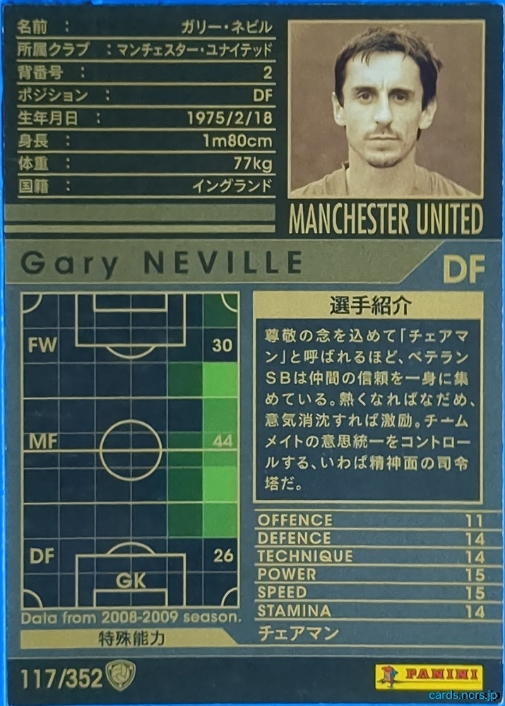 Panini WCCF Football WCCF/2008-2009-117/352 N Gary Neville Trading Card EX