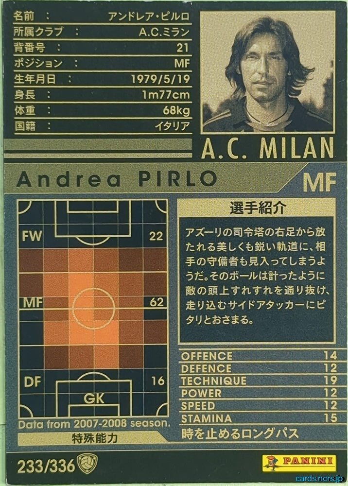 Panini WCCF Football WCCF/2007-2008-233/336 N Andrea PIRLO Trading Card EX
