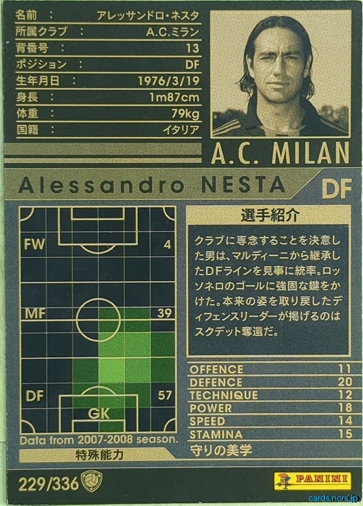 Panini WCCF Football WCCF/2007-2008-229/336 N Alessandro NESTA Trading Card EX